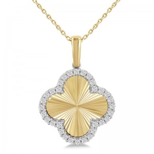 10K Yellow and White Gold Sunray Clover Necklace with Diamonds