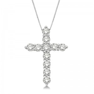 14K White Gold Diamond Cross Pendant on Chain