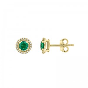 14K Yellow Gold Emerald and Diamond Halo Earrings