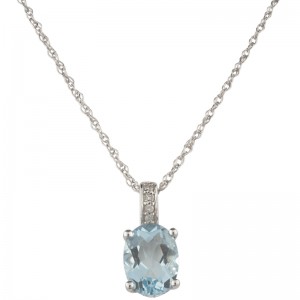 14K White Gold Aquamarine and Diamond Pendant On Chain