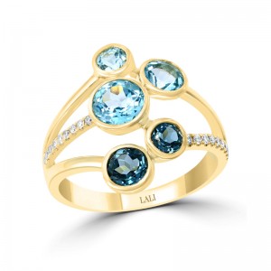 14K Yellow Gold Swiss Blue and London Blue Topaz Ring