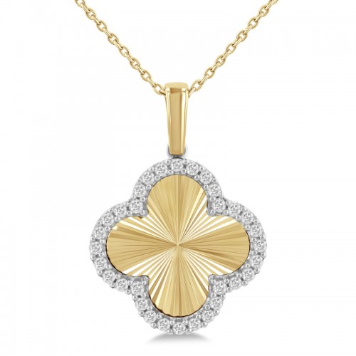 10K Yellow and White Gold Sunray Clover Necklace with Diamonds