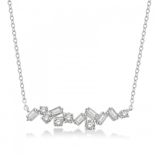 14K White Gold Round and Baguette Diamond Sprinkle Necklace