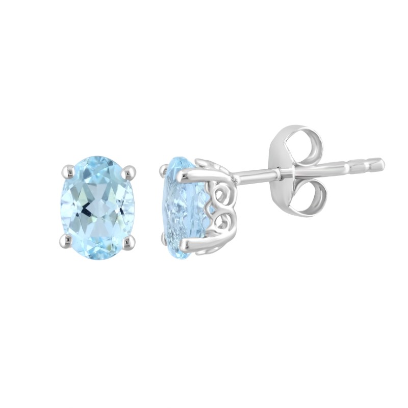 14K White Gold Oval Aquamarine and Diamond Stud Earrings