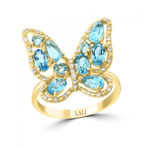 14K Yellow Gold Blue Topaz and Diamond Butterfly Ring